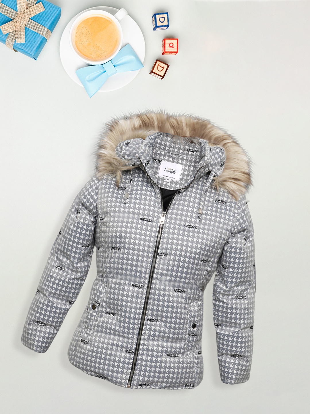 

LURE JUNIOR Girls Hooded Neck Self Design Outdoor Puffer Jacket, Grey