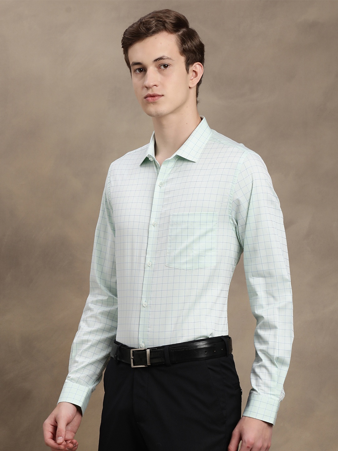 

Turtle Men Classic Spread Collar Checked Cotton Slim Fit Formal Shirt, White