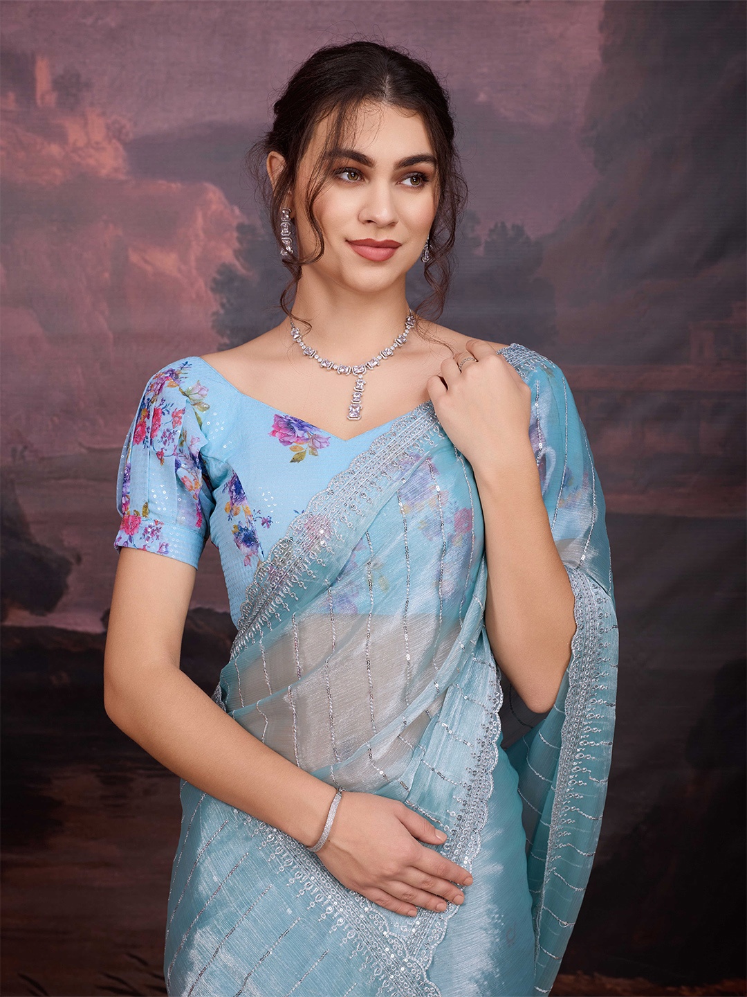 

House of Pataudi Striped Embroidered Saree, Turquoise blue