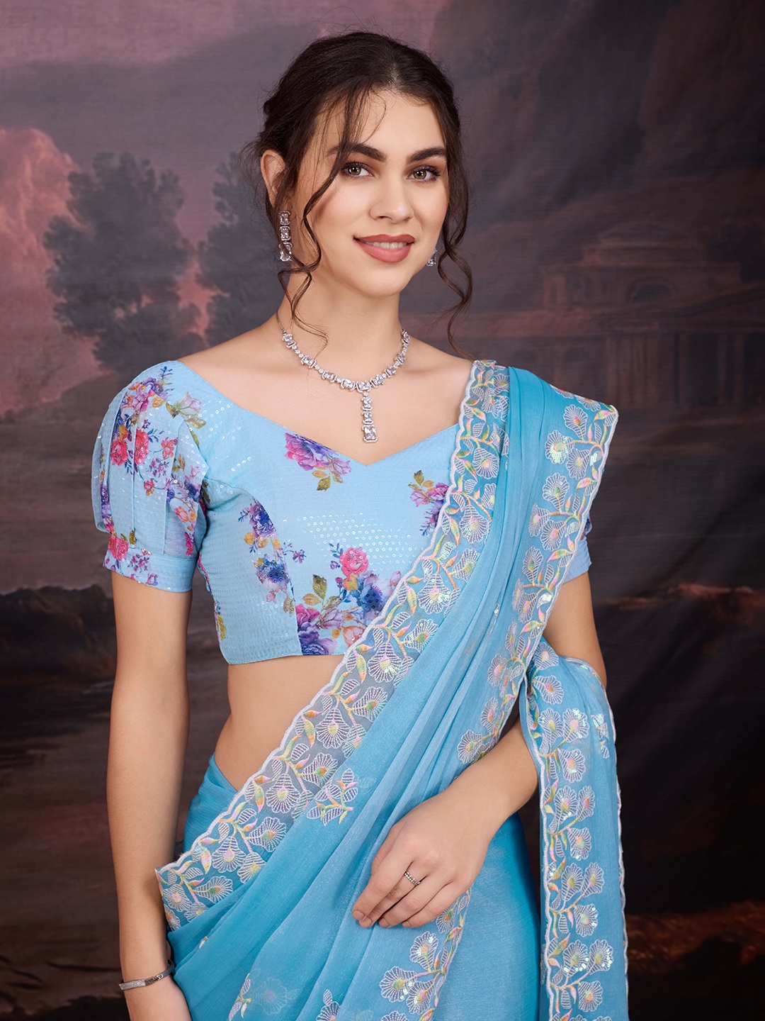 

House of Pataudi Sequence Embroidered Saree With Blouse Piece, Turquoise blue