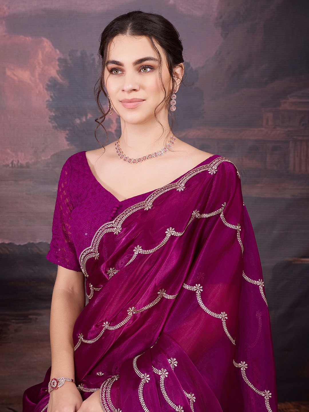 

House of Pataudi Embroidered Saree With Blouse Piece, Magenta