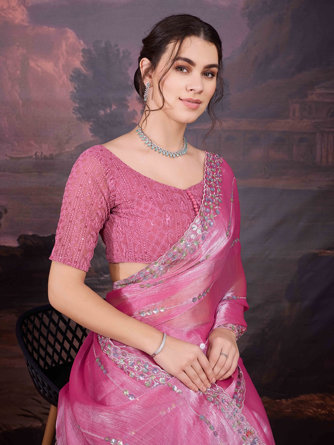 

House of Pataudi Embroidered Saree With Blouse, Pink