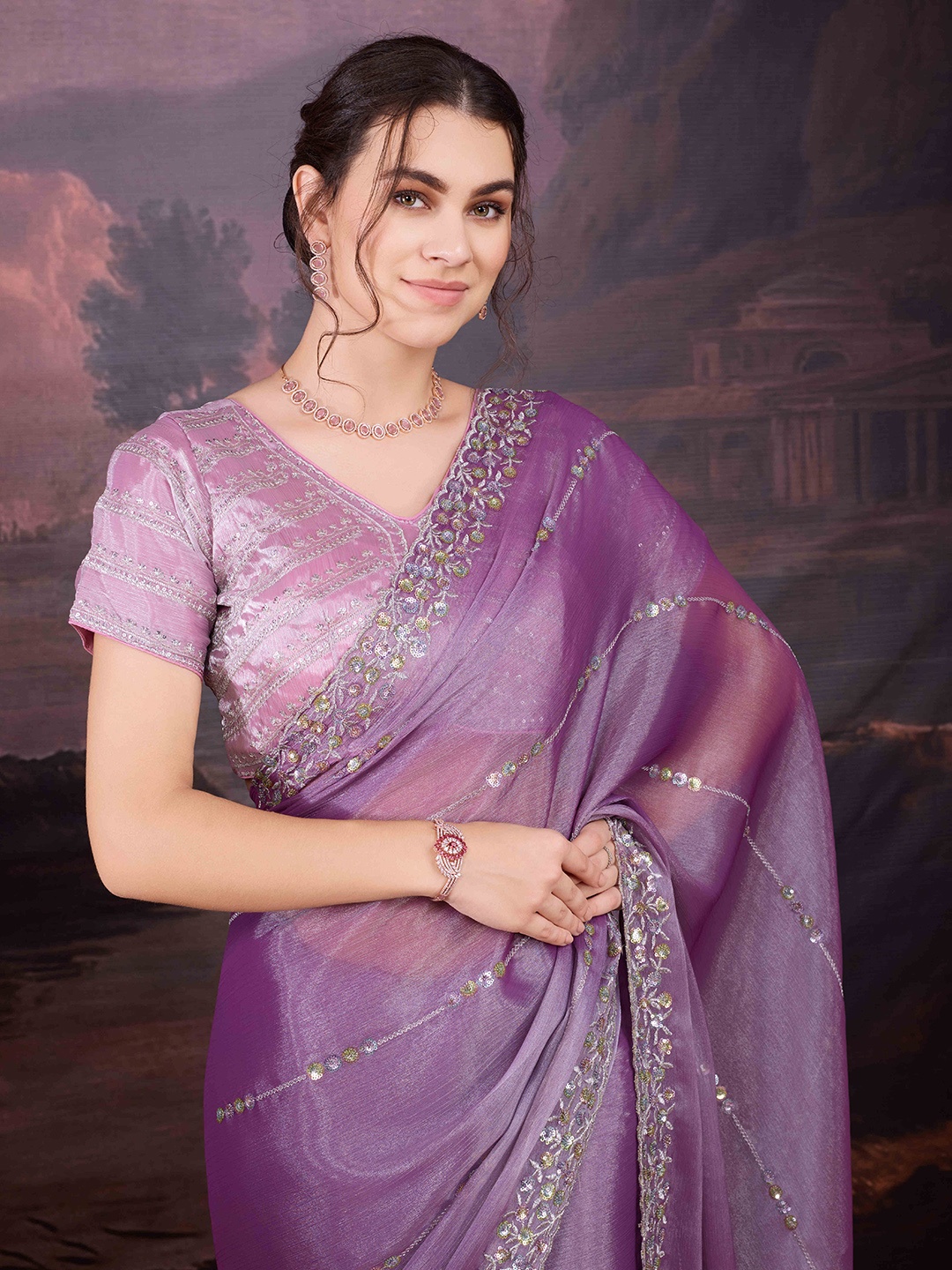 

House of Pataudi Embroidered Saree With Blouse Piece, Purple