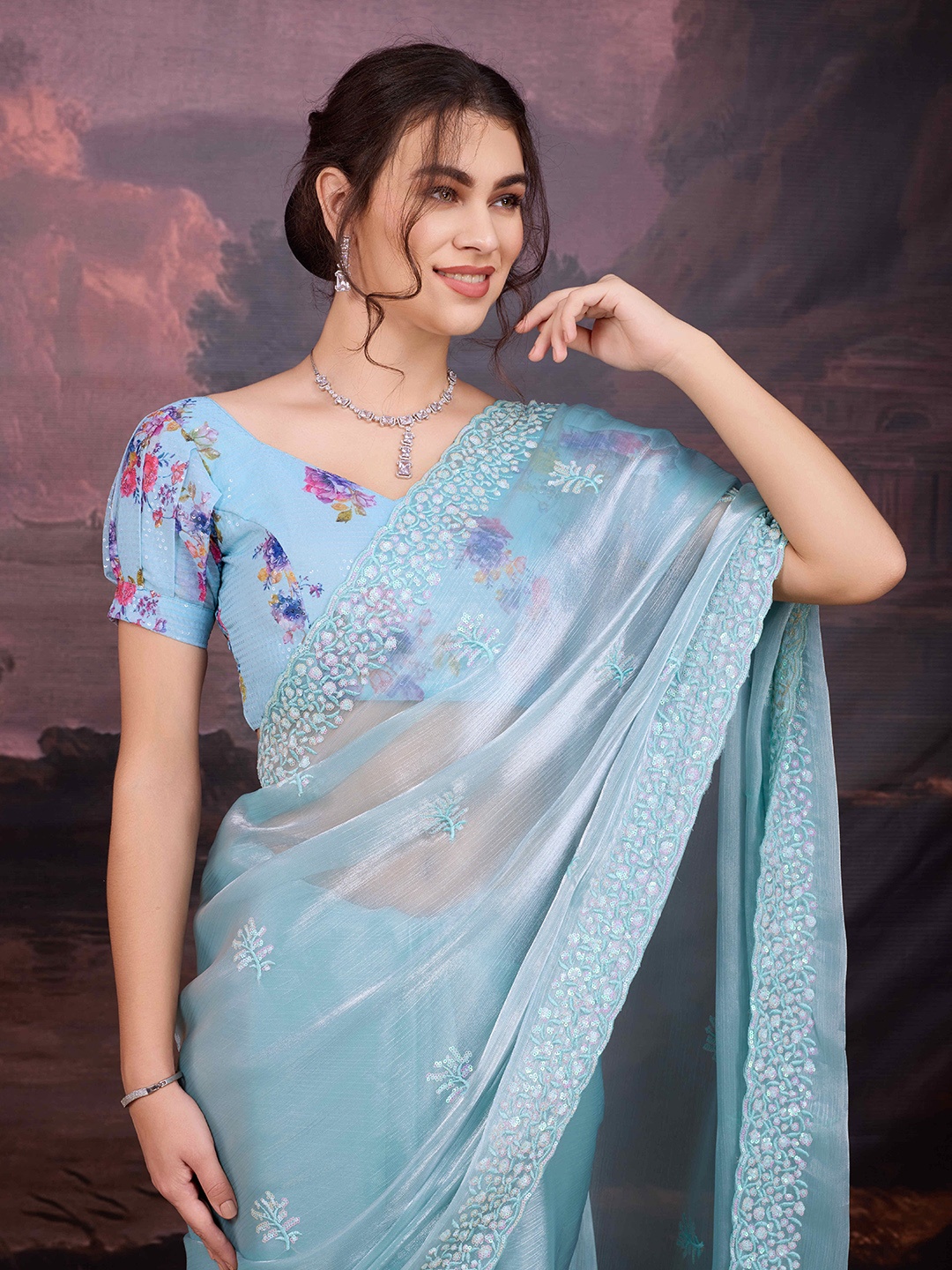 

House of Pataudi Embellished Sequinned Saree With Blouse Piece, Turquoise blue