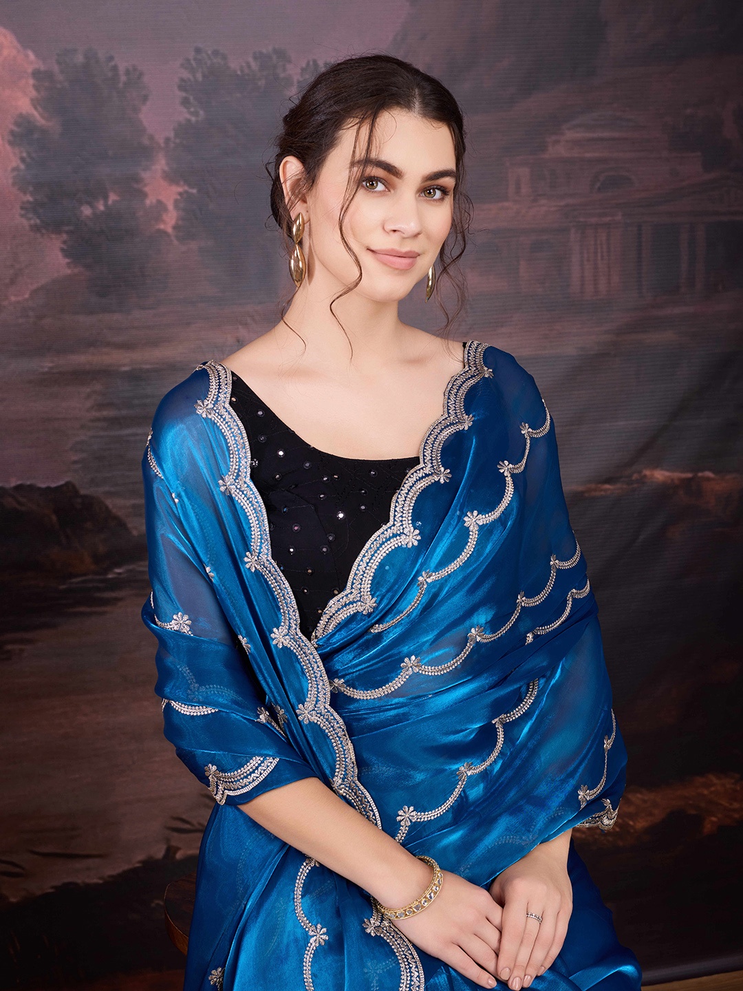 

House of Pataudi Embroidered Saree With Blouse Piece, Blue