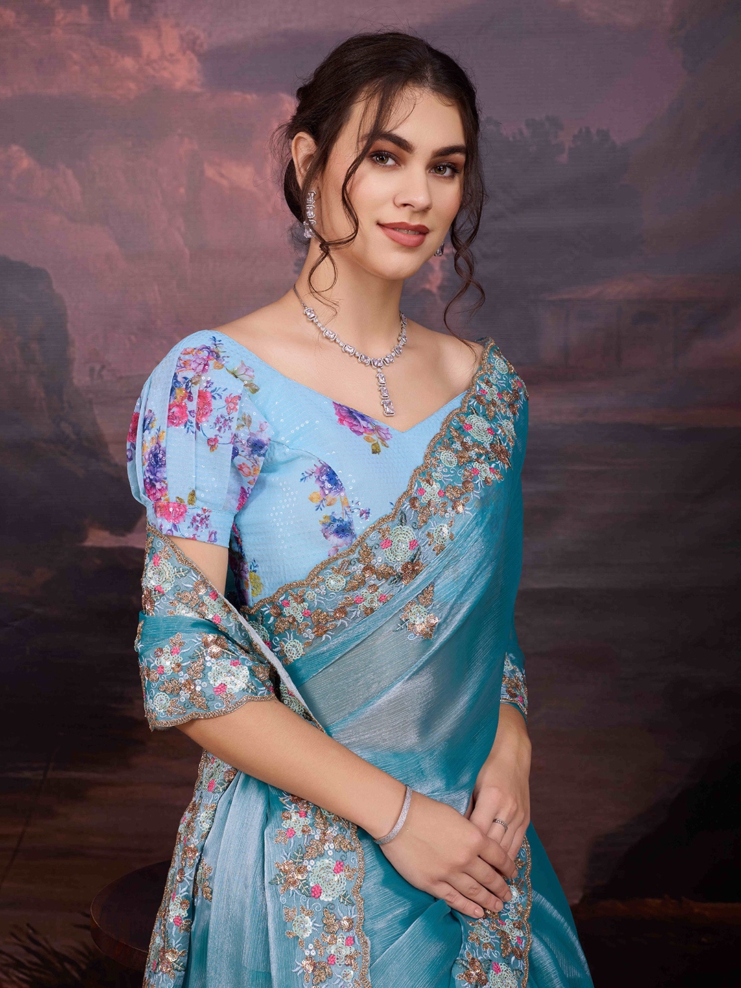 

House of Pataudi Sequence Embroidered Saree With Blouse Piece, Turquoise blue