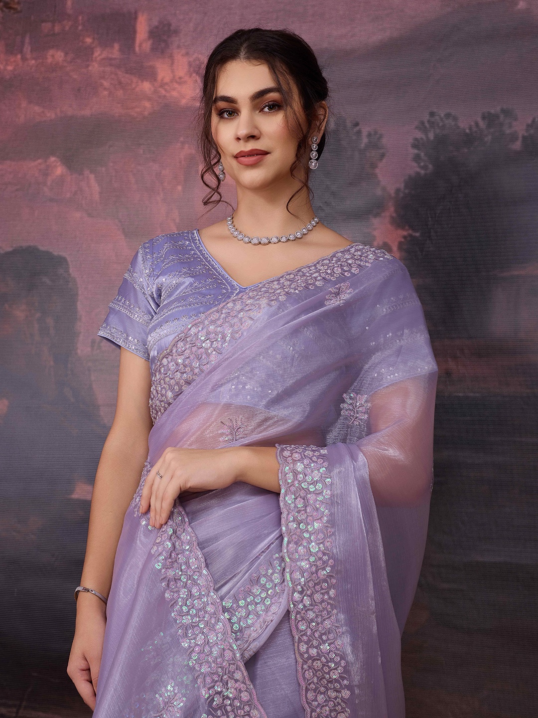 

House of Pataudi Embroidered Saree With Blouse Piece, Lavender