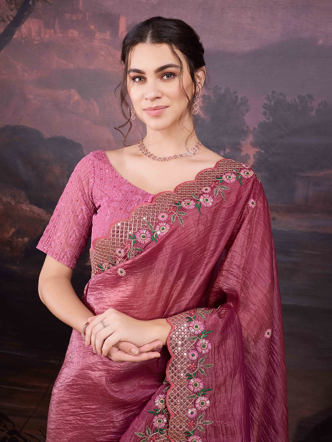 

House of Pataudi Embroidered Saree With Blouse Piece, Mauve