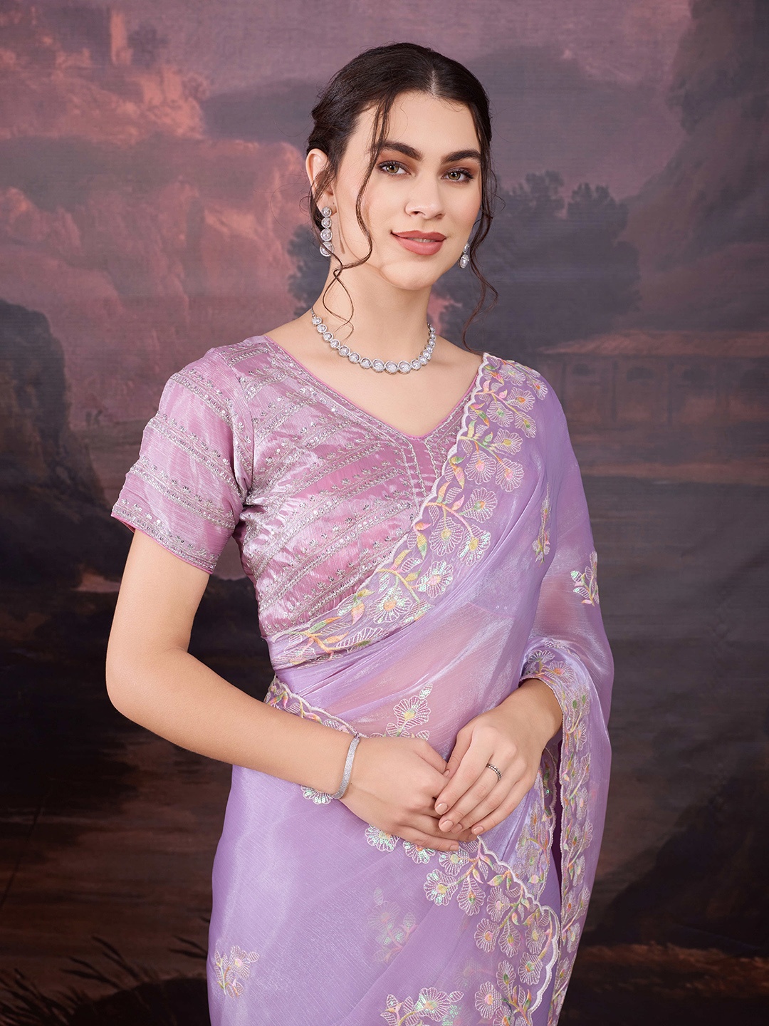 

House of Pataudi Women multi sequence Embroidered Saree, Purple