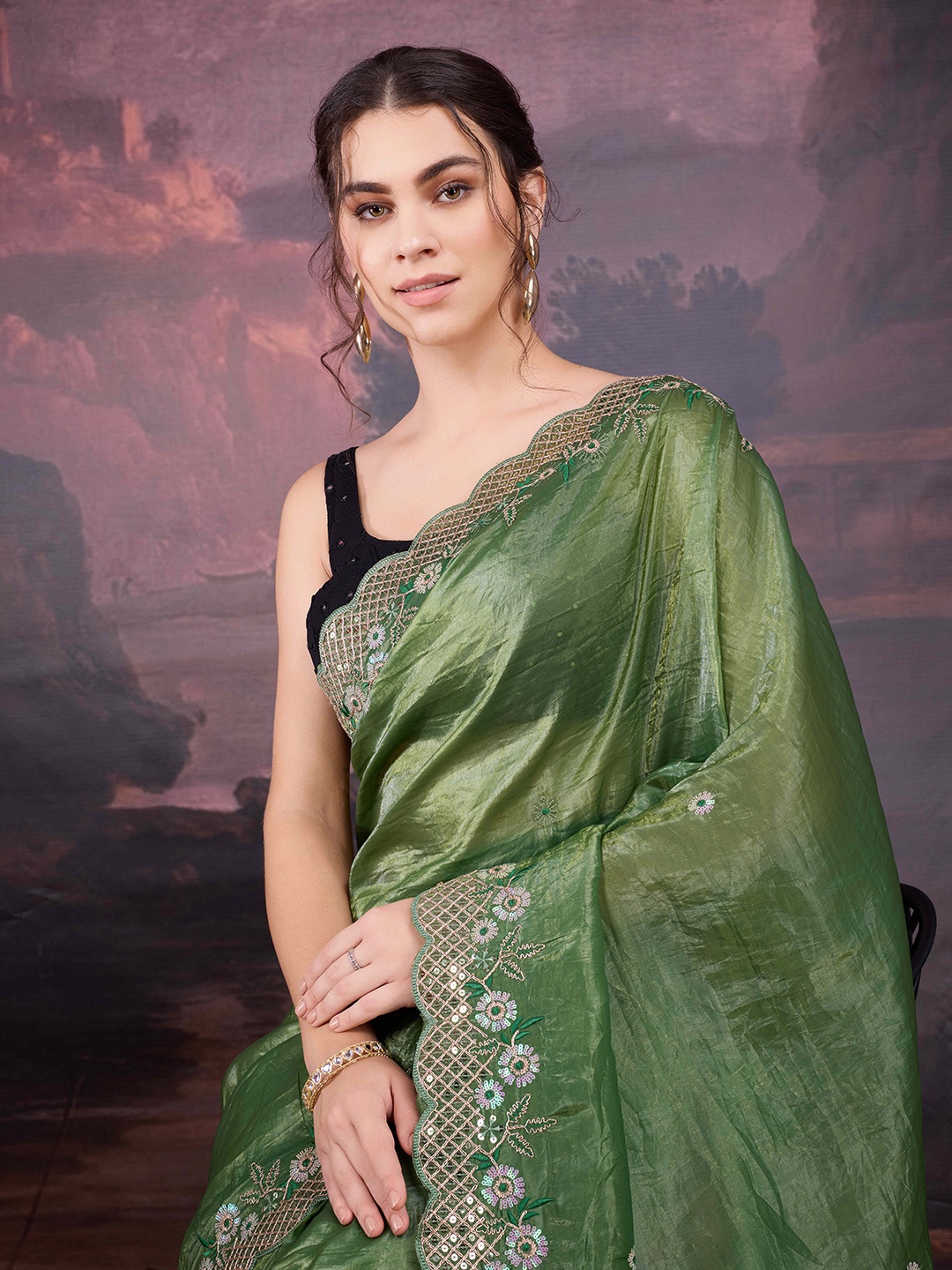 

House of Pataudi Embroidered Saree With Blouse Piece, Green