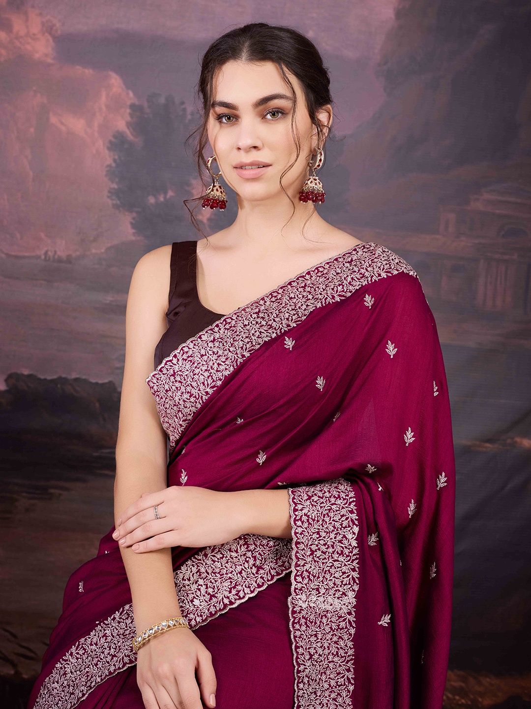 

House of Pataudi Sequence Embroidered Saree With Blouse Piece, Purple