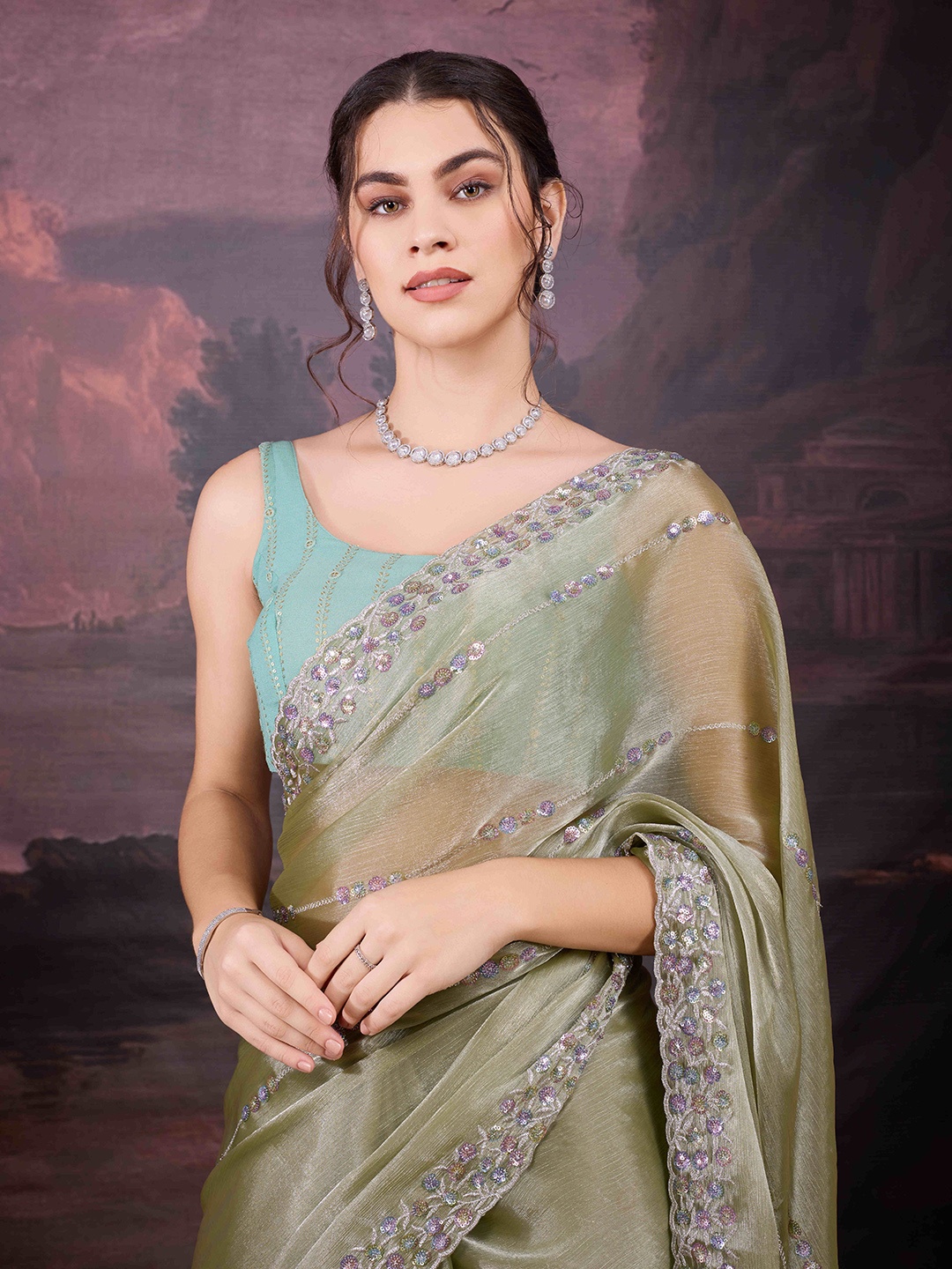 

House of Pataudi Embroidered Saree With Blouse Piece, Green