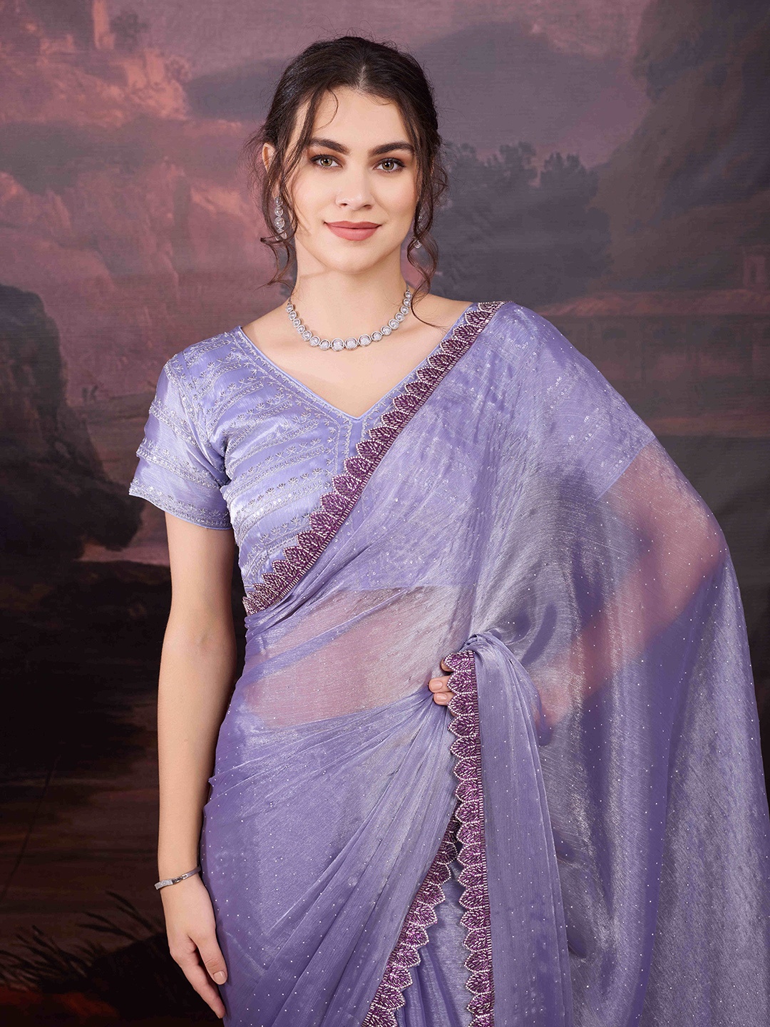 

House of Pataudi Women Embellished Saree With Blouse, Lavender
