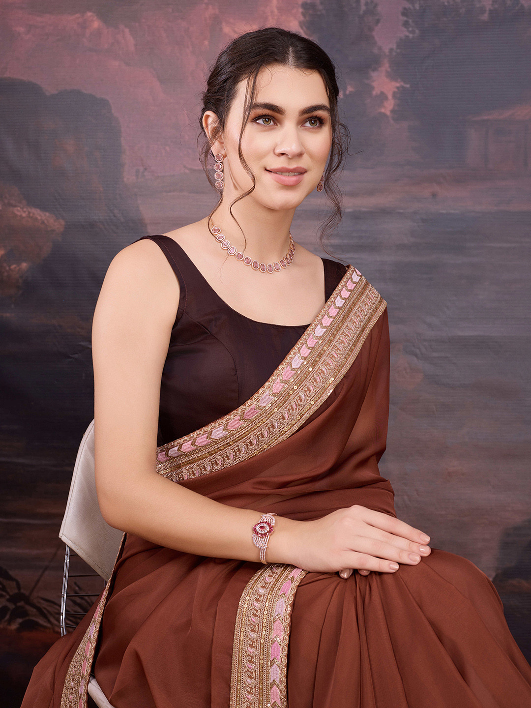 

House of Pataudi Embroidered Saree With Blouse Piece, Brown