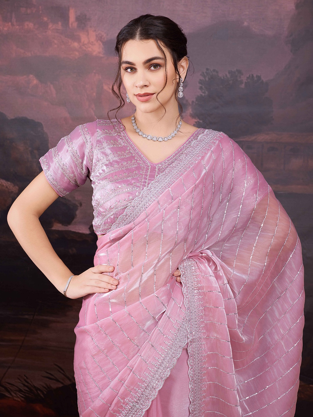 

House of Pataudi Embroidered Saree With Unstitched Blouse Piece, Pink