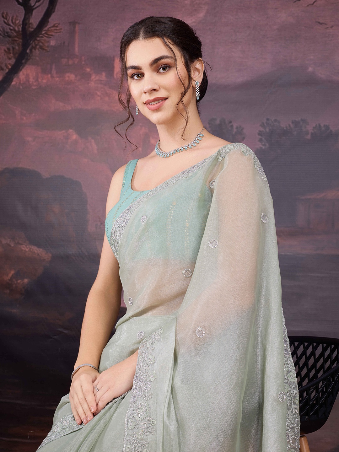

House of Pataudi Embroidered Saree With Blouse, Lime green