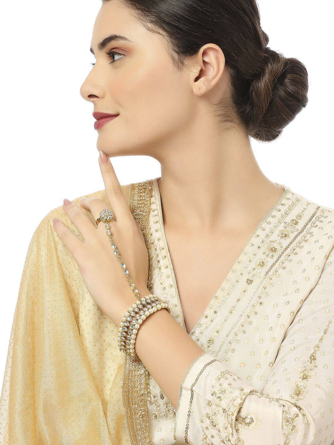 

Anouk Kundan Studded Bracelet With Ring, White