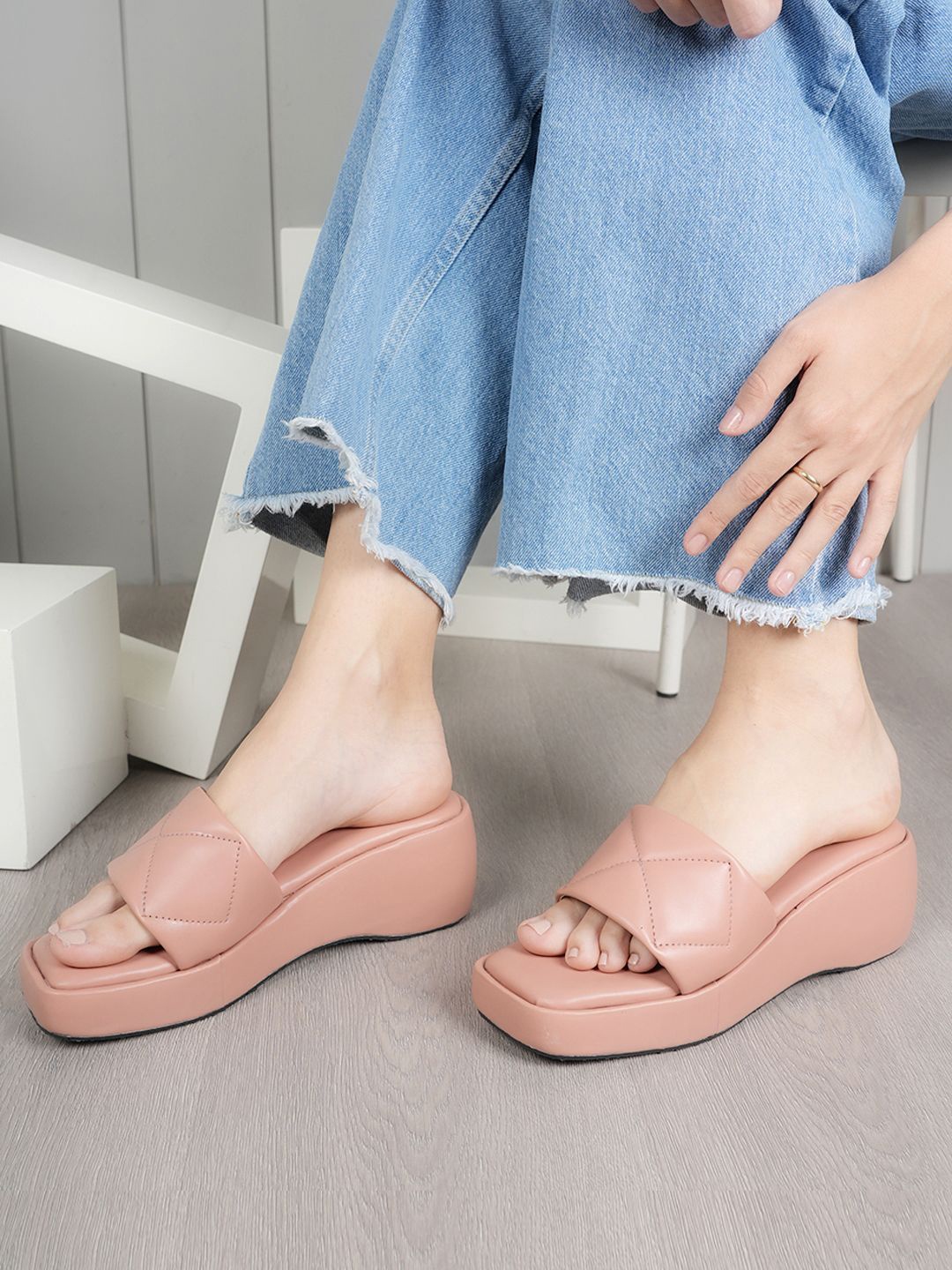 

DressBerry Women Square Toe Embellished Wedge Mules, Peach