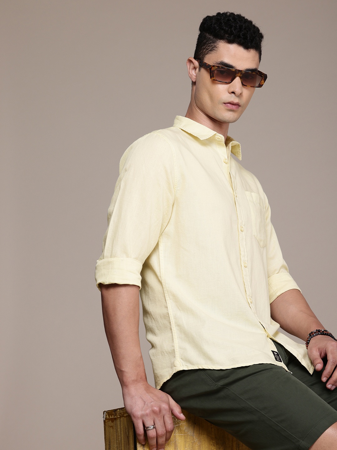 

Roadster Men Premium Linen Cotton Casual Shirt, Yellow