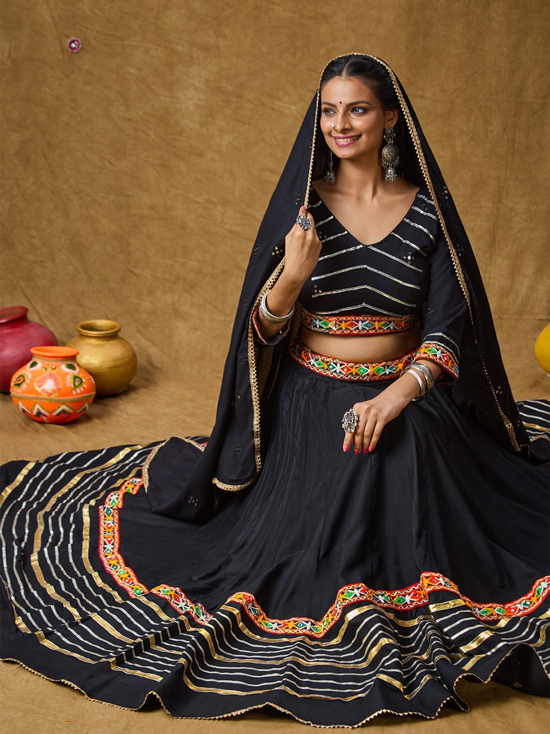 SALWAR STUDIO Embroidered Mirror Work Ready to Wear Lehenga & Blouse With Dupatta, Black