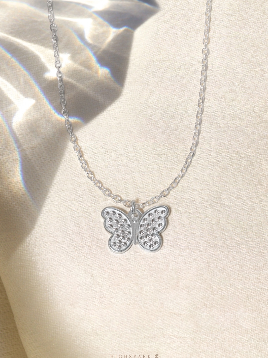 

HighSpark 925 Sterling Silver Cubic Zirconia Studded Butterfly Pendant with Chain