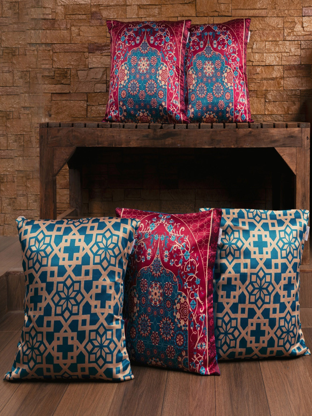 

Homewards Navy Blue & Pink 5 Pieces Ethnic Motifs Satin Square Cushion Covers