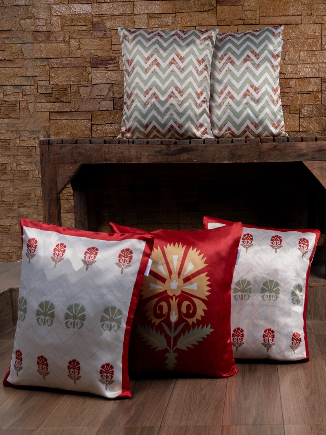 

Homewards Red & Grey 5 Pieces Ethnic Motifs Satin Square Cushion Covers