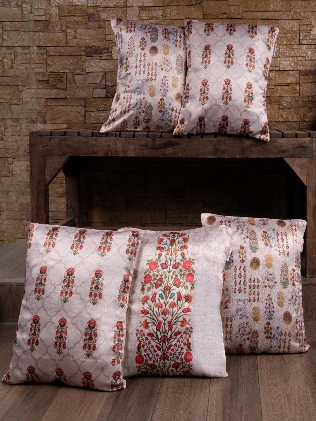 

homewards Pink & Green 5 Pieces Ethnic Motifs Satin Square Cushion Covers