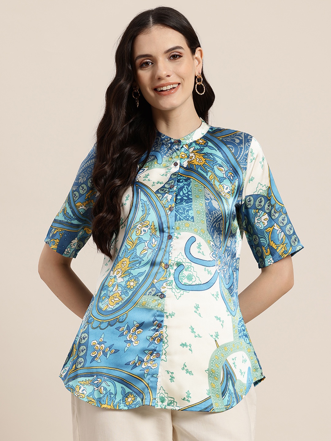 

HERE&NOW Floral Print Mandarin Collar Ethnic Shirt Style Top, Blue