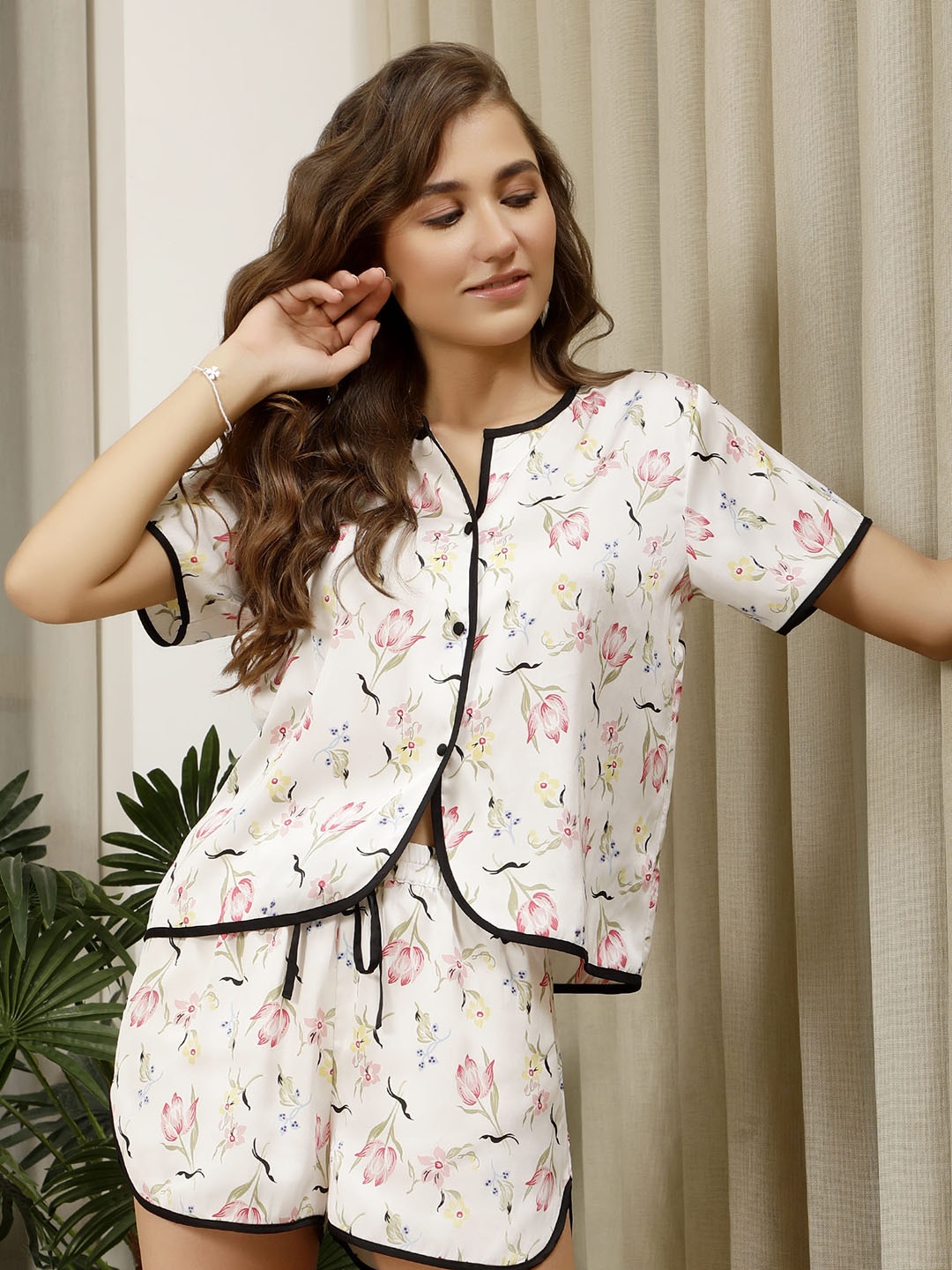 

Slumber Jill Women Floral Printed Satin Night suit, White