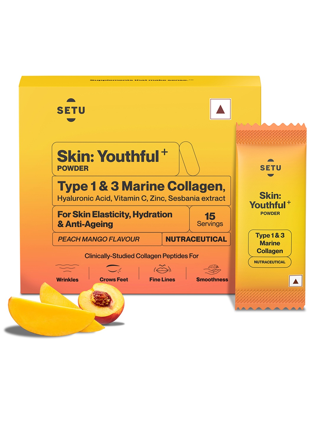 

SETU Skin Youthful Marine Collagen Powder-15 Sachets- Peach Mango Flavor, Orange