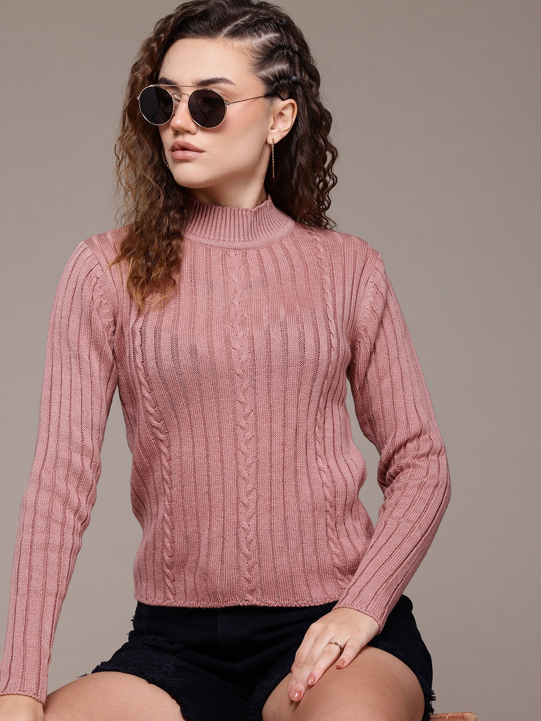 

Roadster Women Cable Knit Ribbed Pullover, Pink