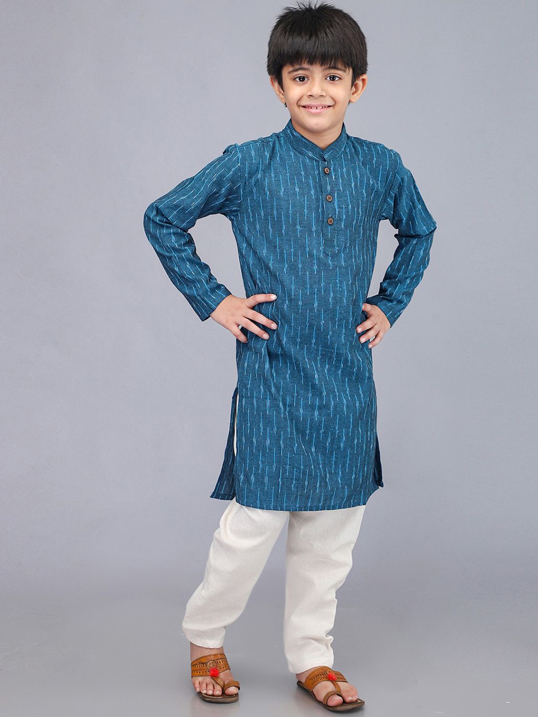 

Biglilpeople Boys Woven Design Mandarin Collar Pure Cotton Straight Kurta Set, Blue