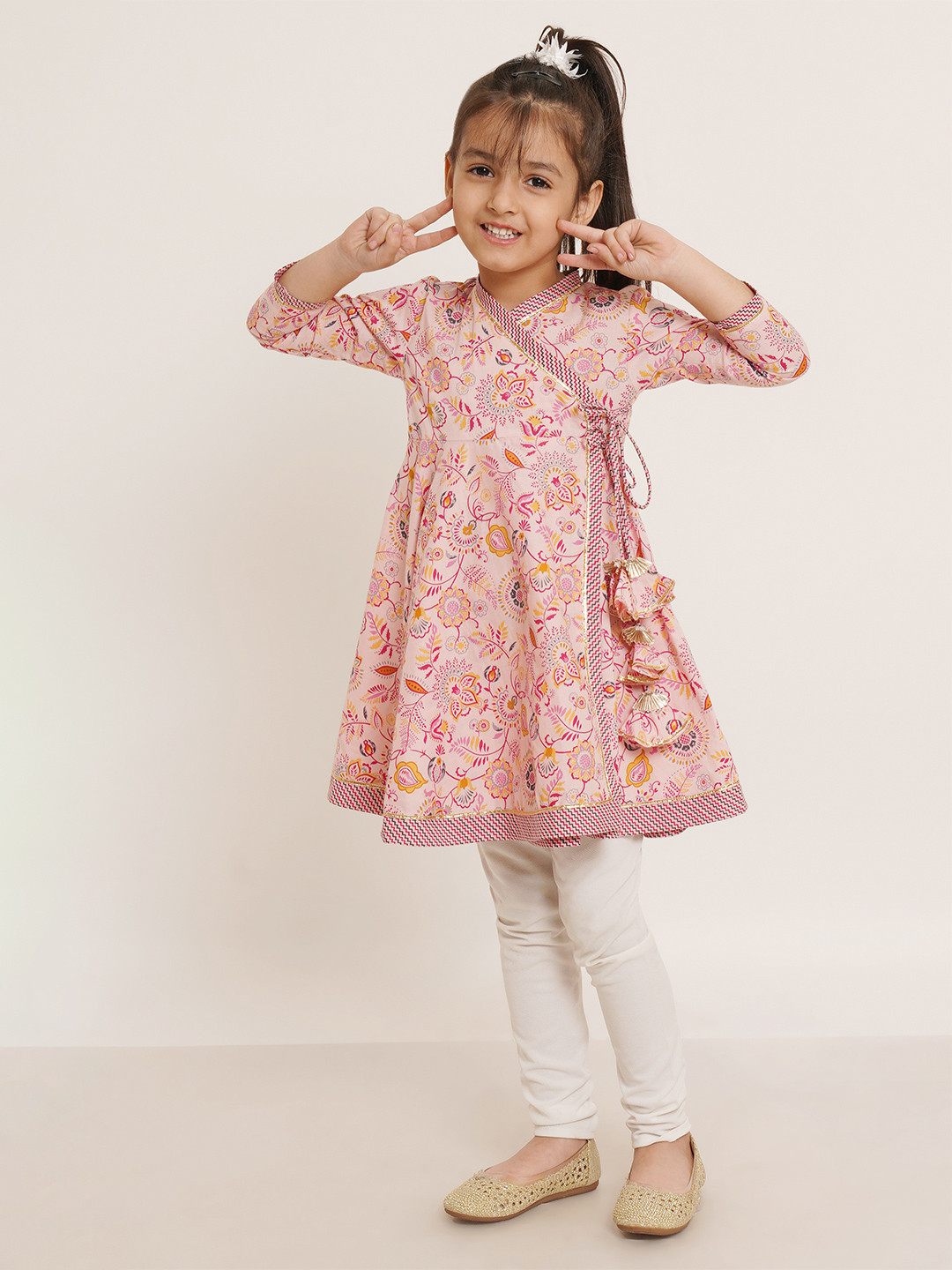 

COTLAND FASHION Girls Floral Printed V-Neck Angrakha Pure Cotton A-Line Kurta, Pink