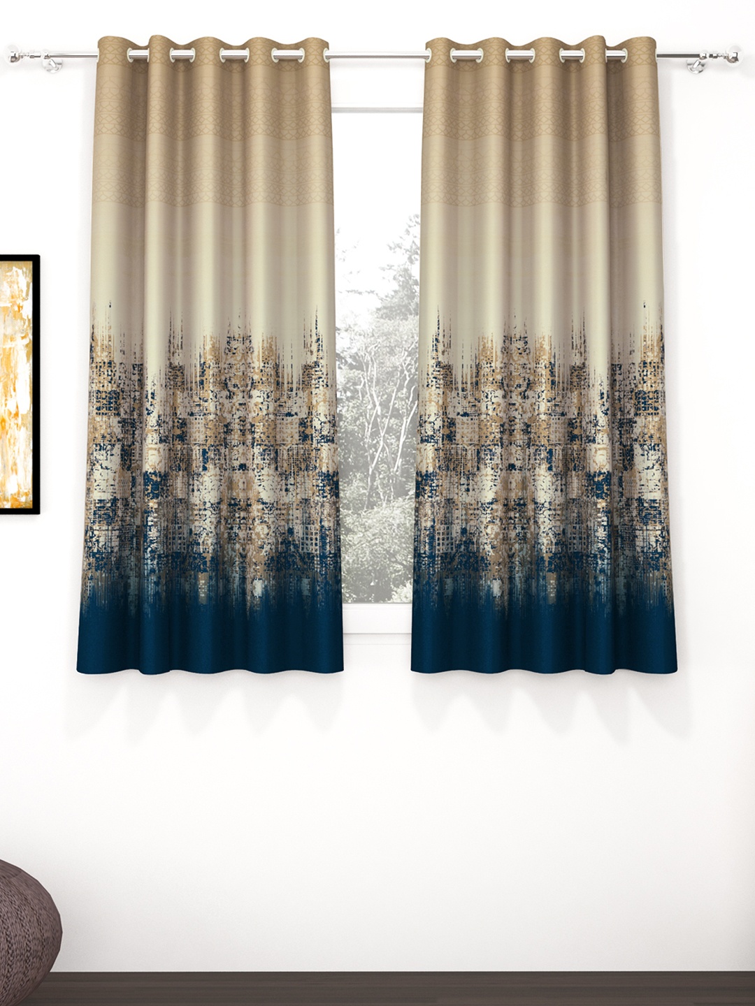 

Story@home Beige & Blue 2 Pieces Printed Room Darkening Window Curtain