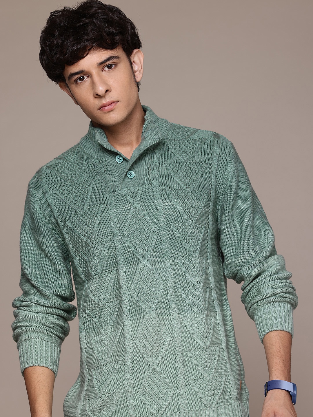 

Roadster Men Cable Knit Colourblocked Pullover, Green