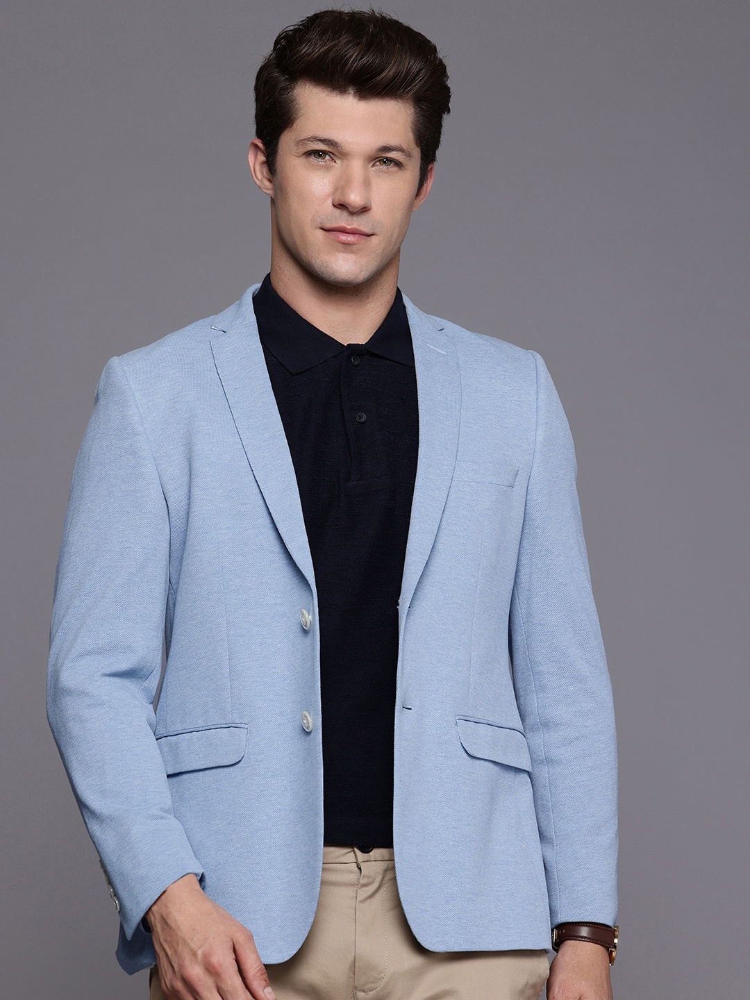 

Louis Philippe Sport Super Slim Fit Self Design Pure Cotton Single-Breasted Blazer, Blue
