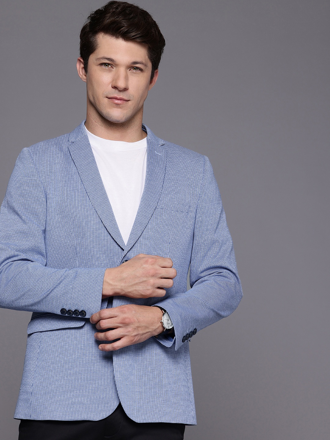

Louis Philippe Sport Super Slim Fit Checked Notched Lapel Collar Pure Cotton Blazers, Blue