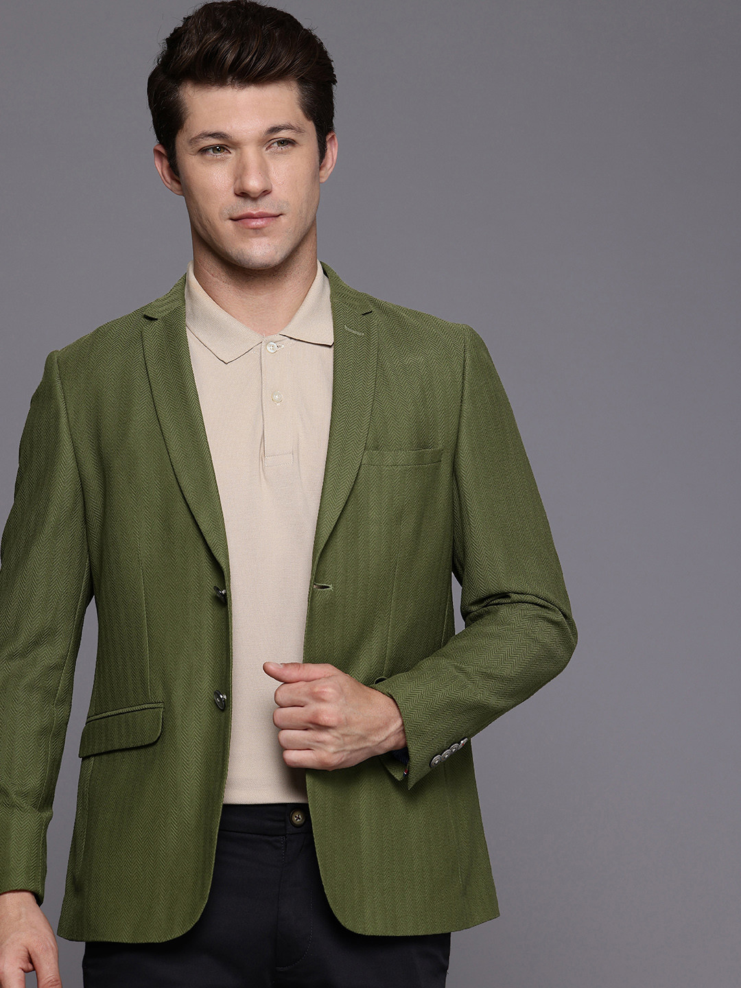 

Louis Philippe Sport Super Slim Fit Self Design Pure Cotton Single-Breasted Blazer, Olive