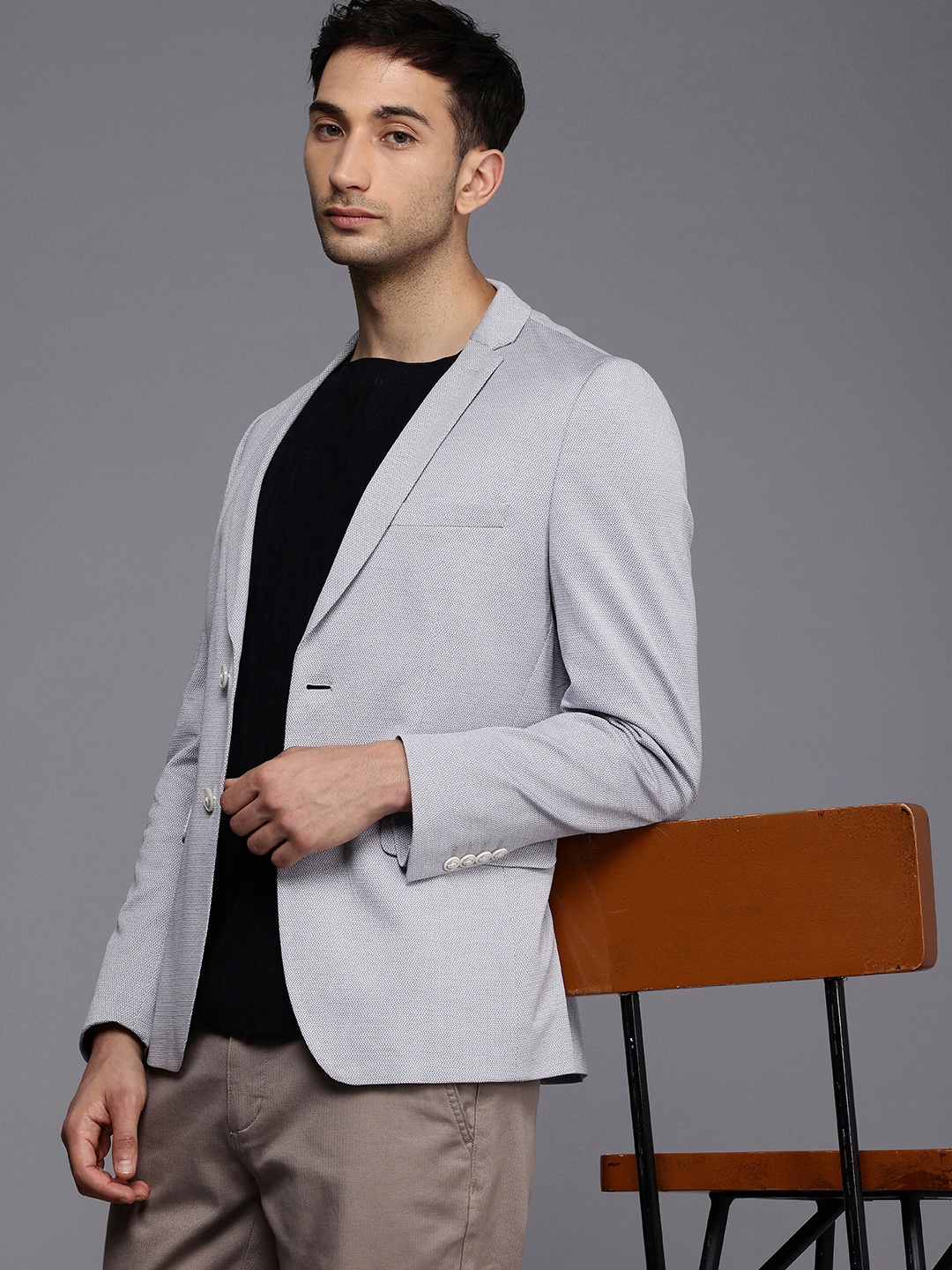 

Louis Philippe Sport Super Slim Fit Notched Lapel Collar Single Breasted Casual Blazer, Grey