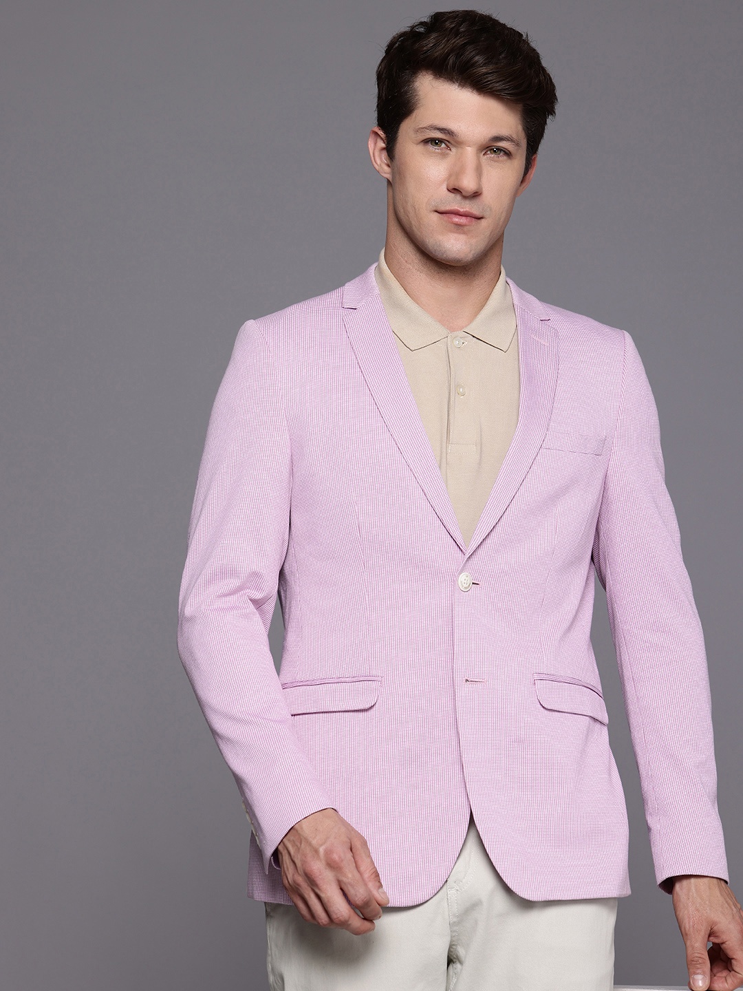 

Louis Philippe Sport Super Slim Fit Checked Notched Lapel Collar Pure Cotton Blazers, Lavender