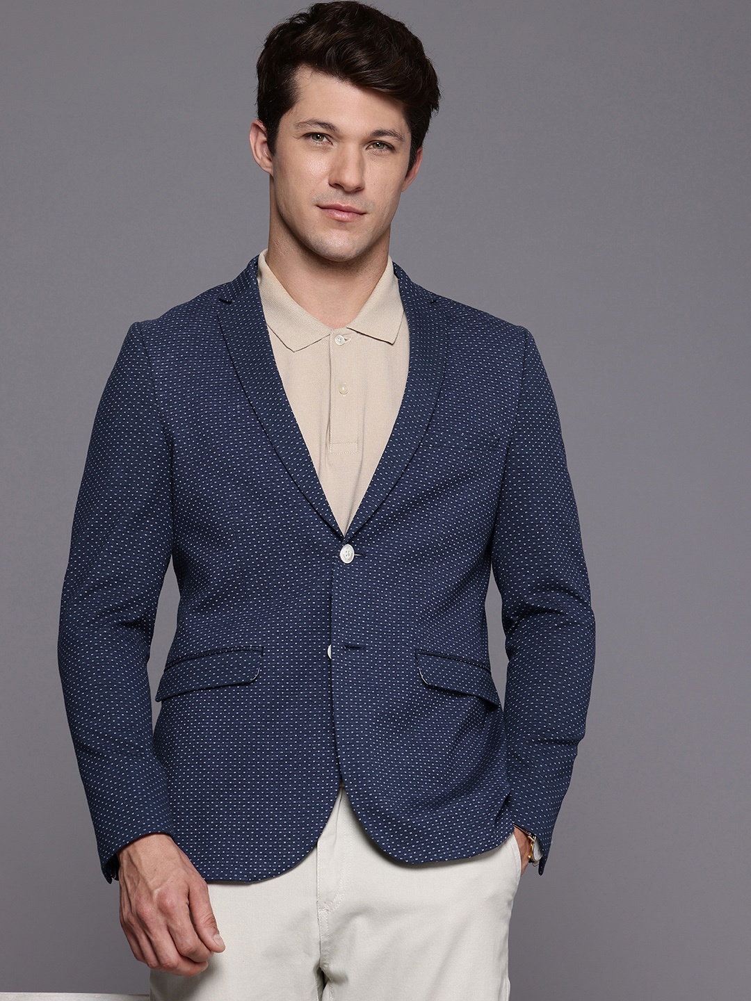 

Louis Philippe Sport Super Slim Fit Self Designed Notched Lapel Collar Blazers, Navy blue