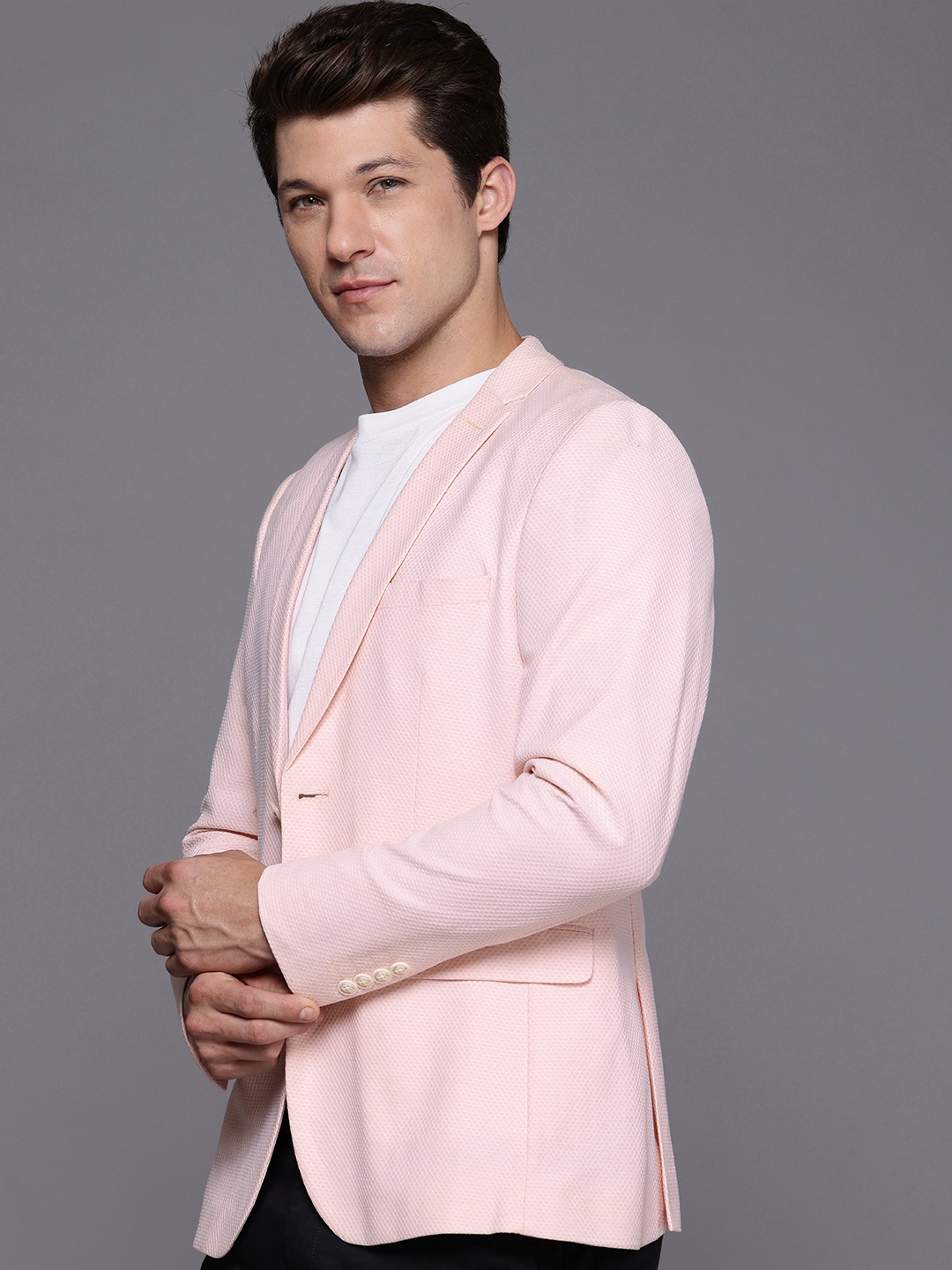 

Louis Philippe Sport Pure Cotton Textured Super Slim Fit Single-Breasted Semiformal Blazer, Pink