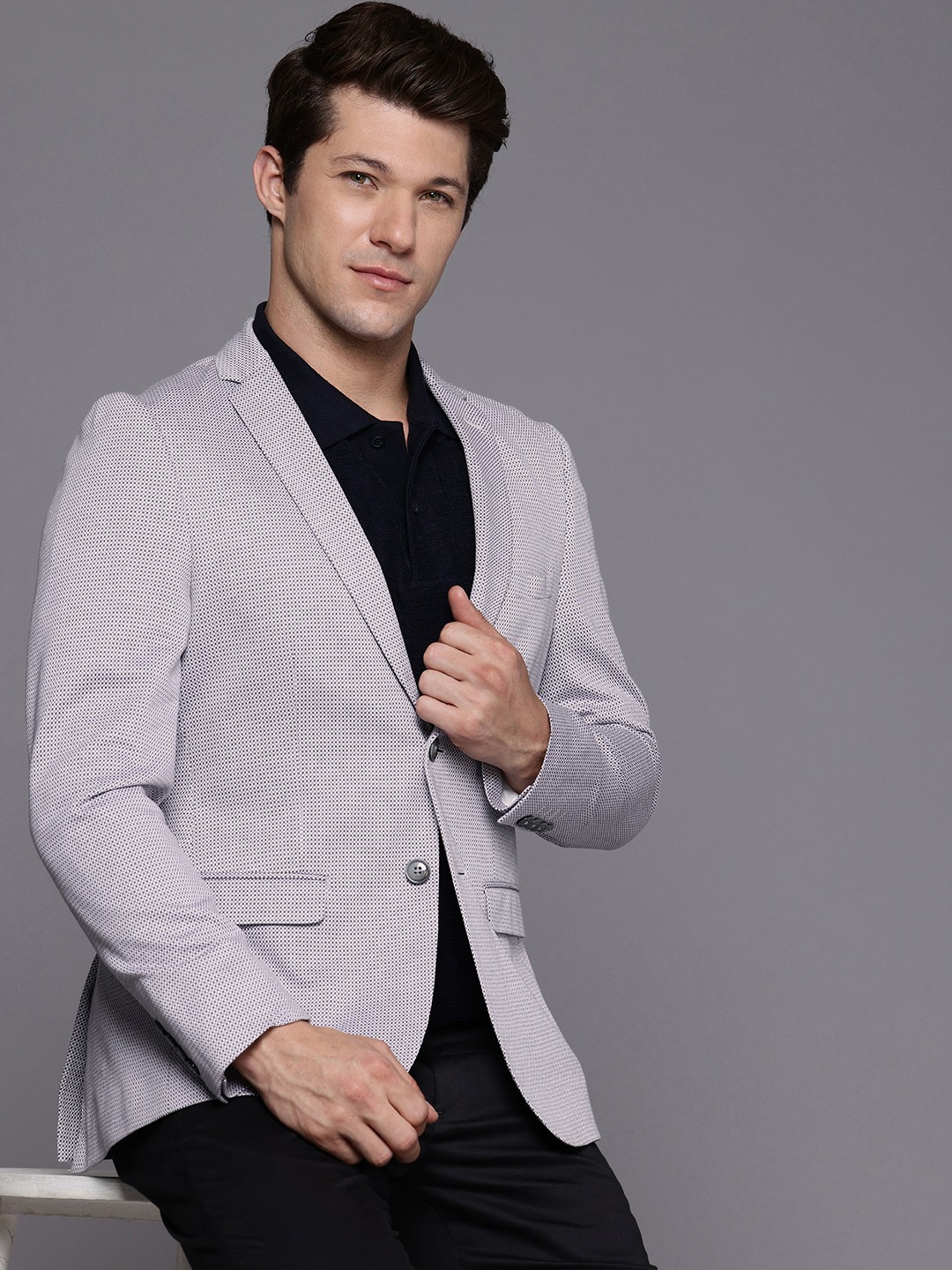 

Louis Philippe Sport Pure Cotton Textured Super Slim Fit Single-Breasted Semiformal Blazer, Grey