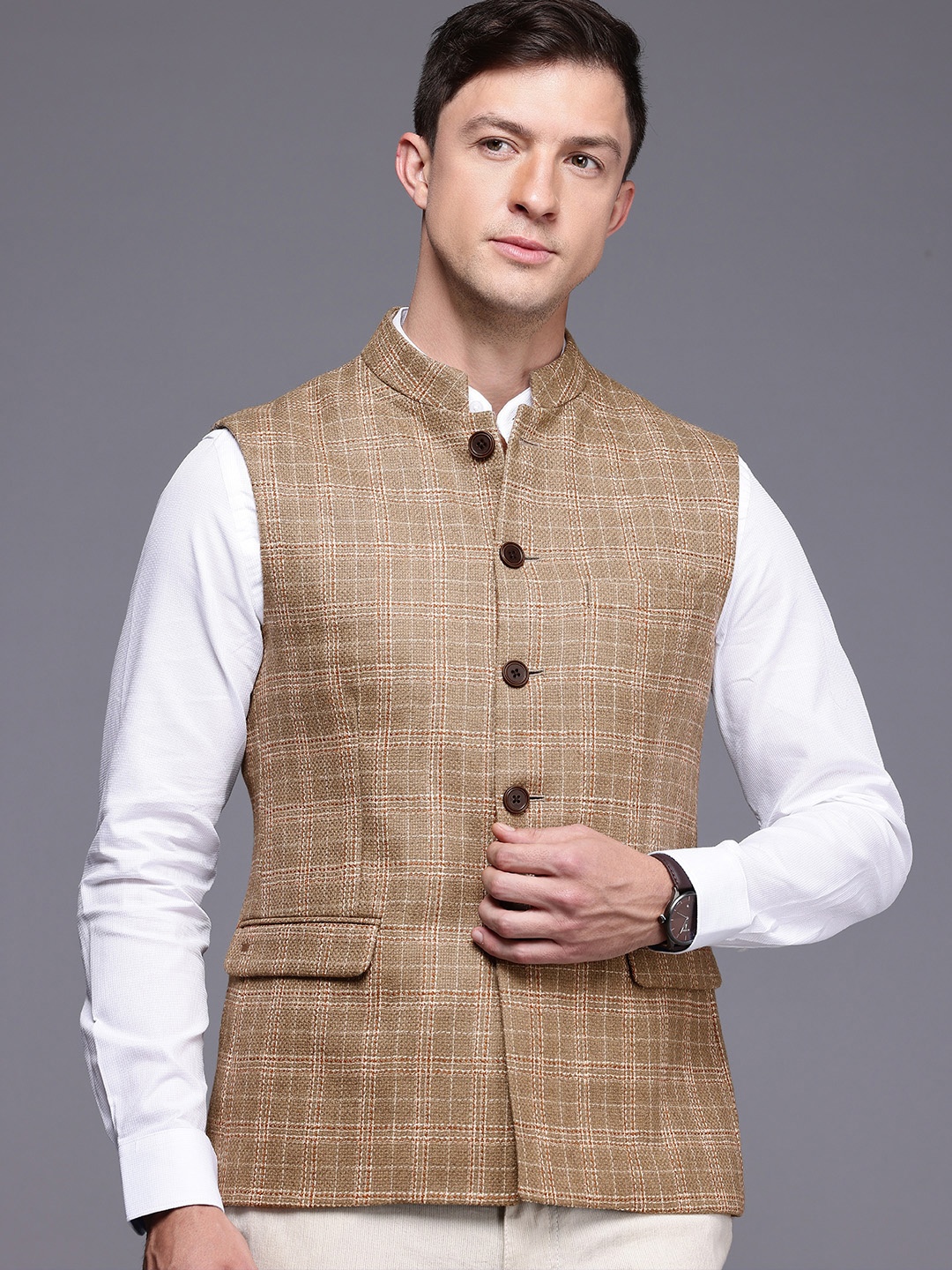 

Louis Philippe Checked Woolen Nehru Jacket, Beige