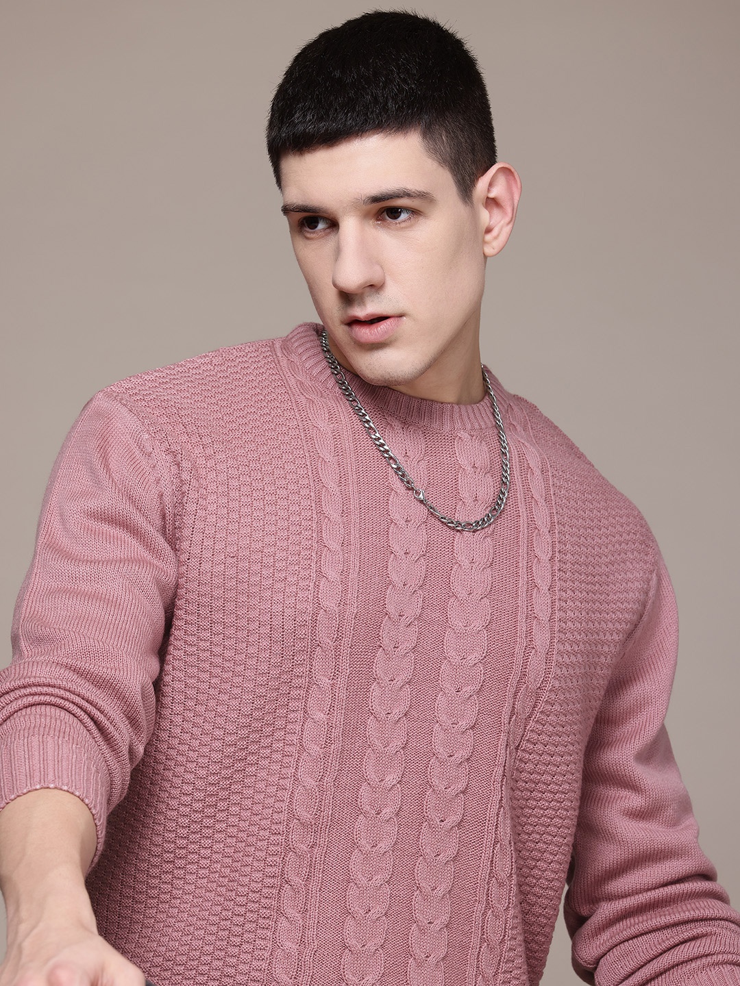 

Roadster Men Cable Knit Pullover, Pink
