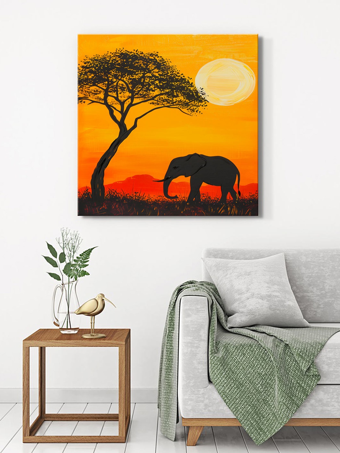 

999Store Yellow & Orange Canvas Birds and Animals Wall Painting