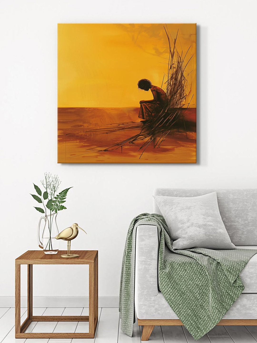 

999Store Yellow & Brown Canvas Abstract Wall Painting