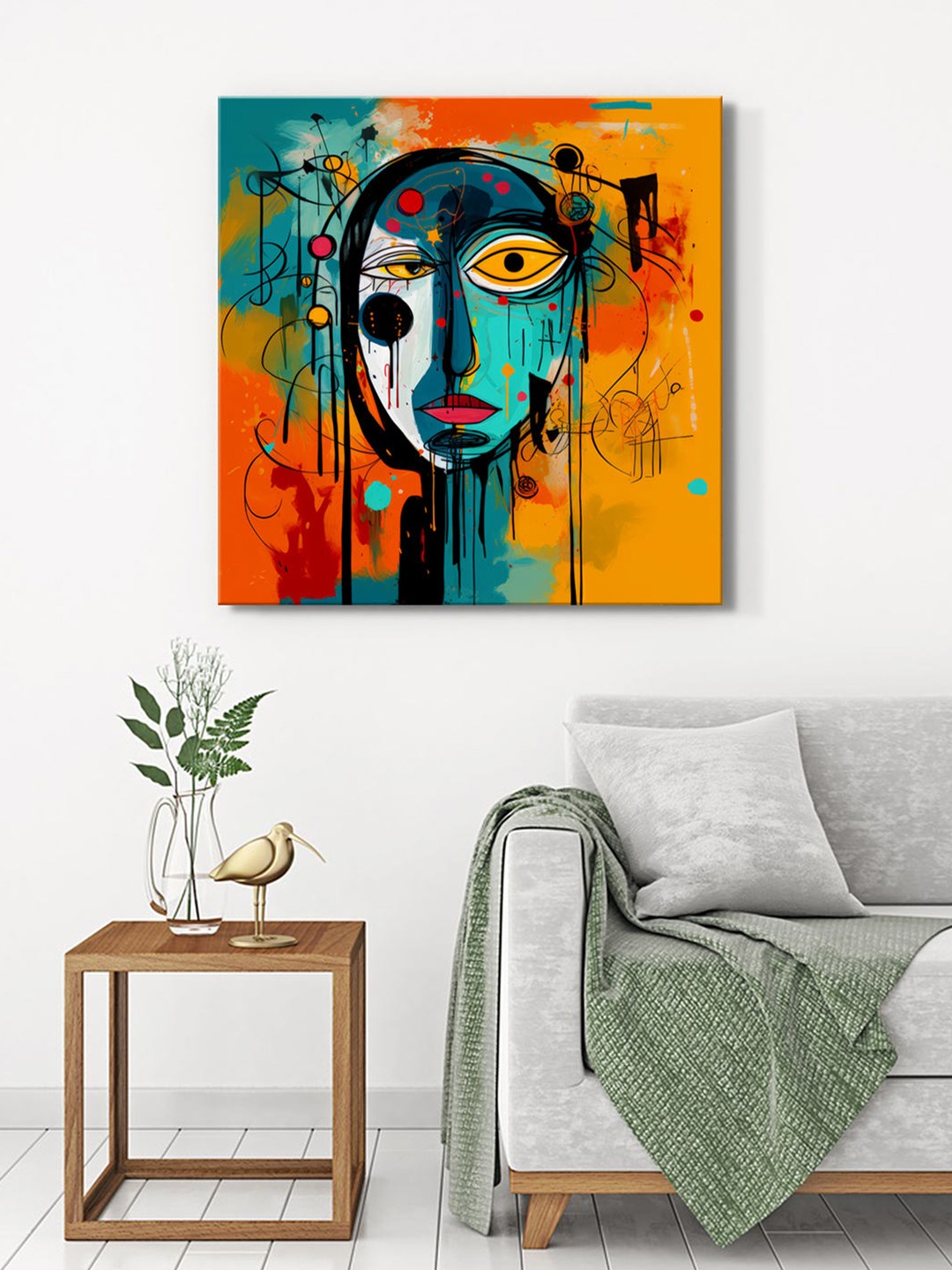 

999Store Orange Colored & Green Abstract Printed Canvas Wall Painting