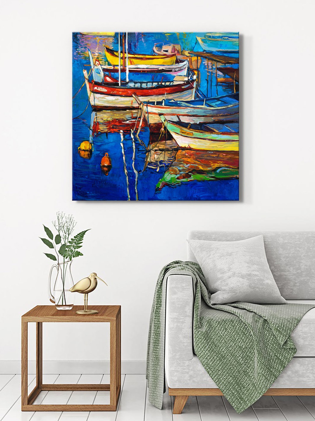 

999Store Blue & Red Boats Printed Canvas Wall Painting